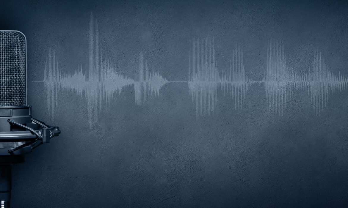 Studio,Microphone,With,Audio,Waveform,On,Concrete,Wall,Background.,Podcast